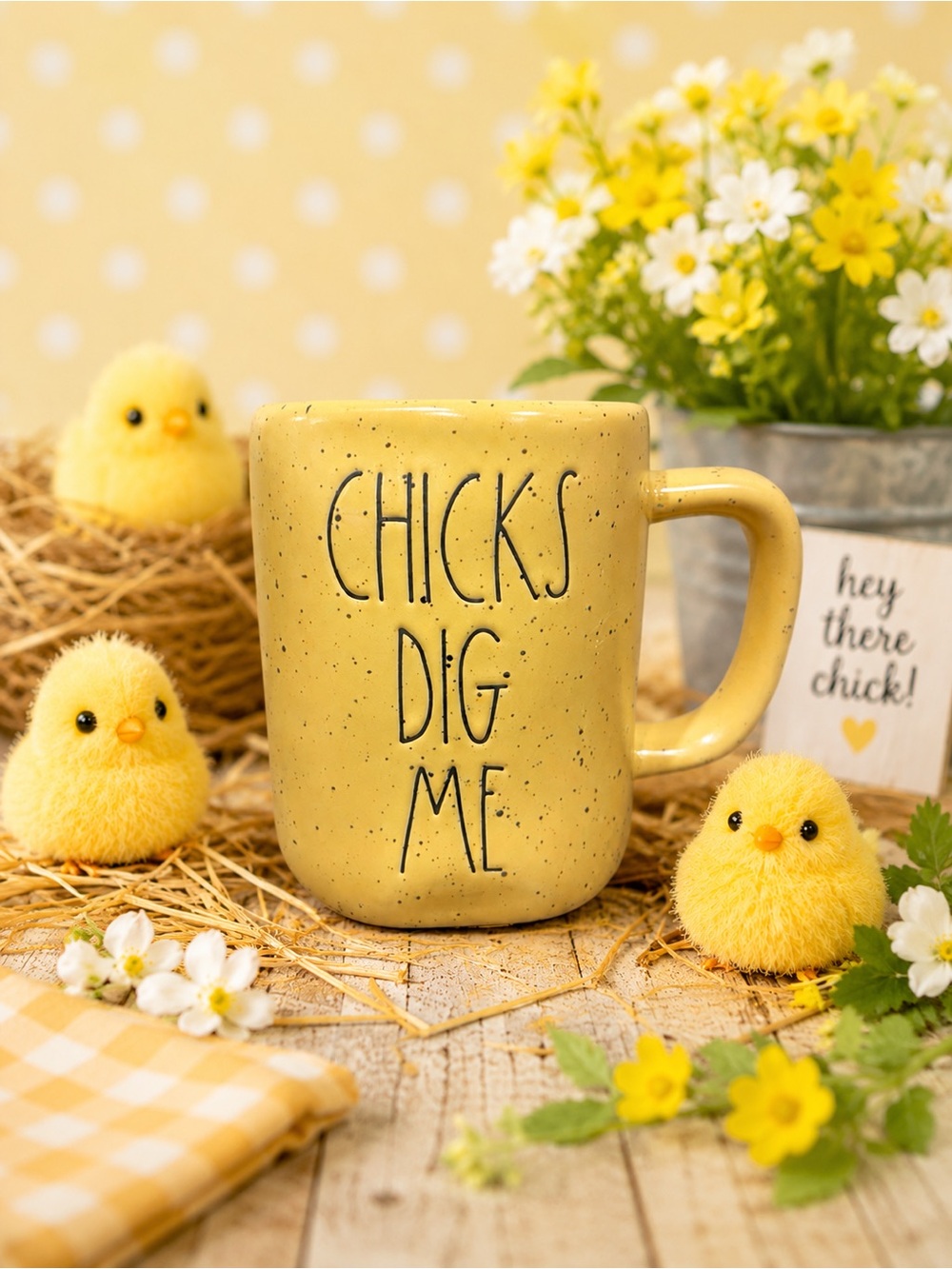 Rae Dunn “CHICKS DIG ME” Yellow Speckled Easter Mug Farmhouse Spring Coffee Cup